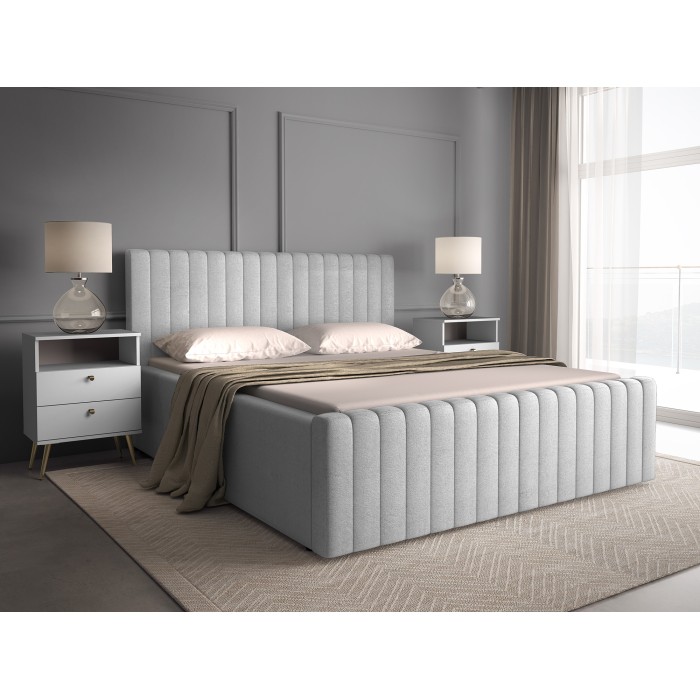 Lit ELORIA 180x200 gris clair avec tête de lit capitonnée et sommier inclus