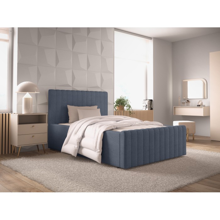 Lit simple ELORIA 120x200 bleu ardoise avec tête de lit capitonnée