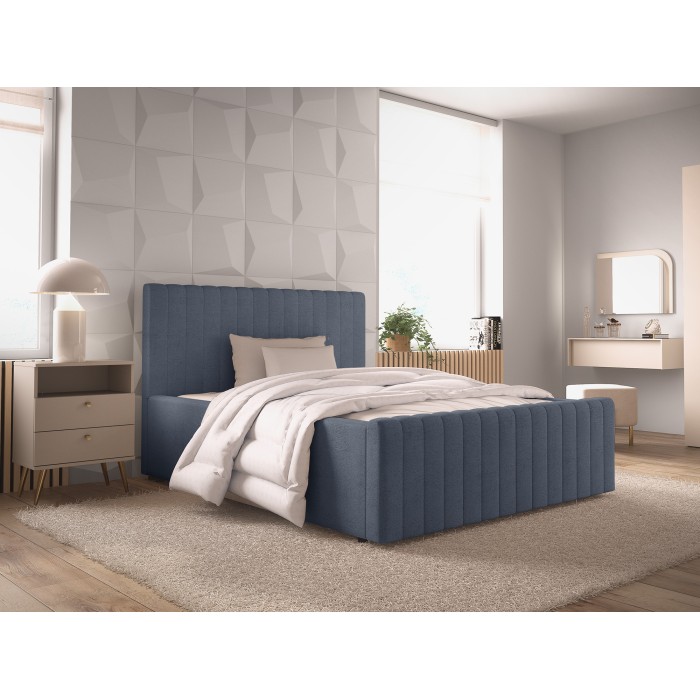 Lit ELORIA 140x200 bleu ardoise avec tête de lit capitonnée et sommier inclus